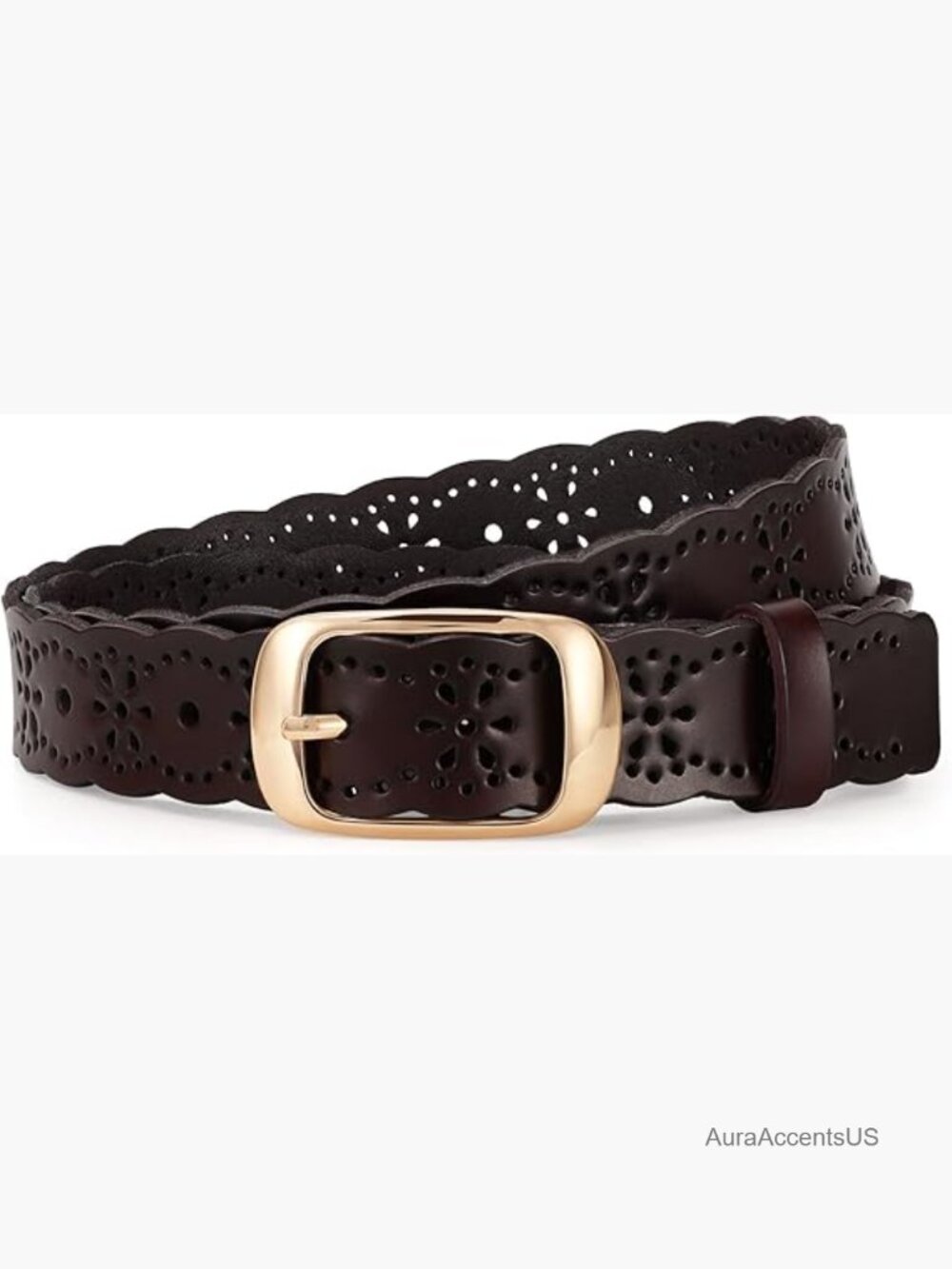 Women's Leather Belt with Hollow Floral Pattern and Gold Buckle, Adjustable